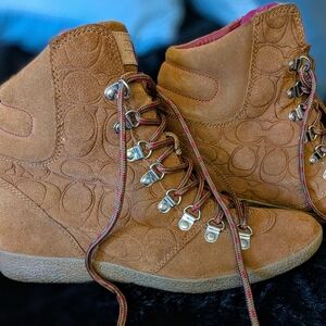 Coach Tan Embossed Lace-Up Boots